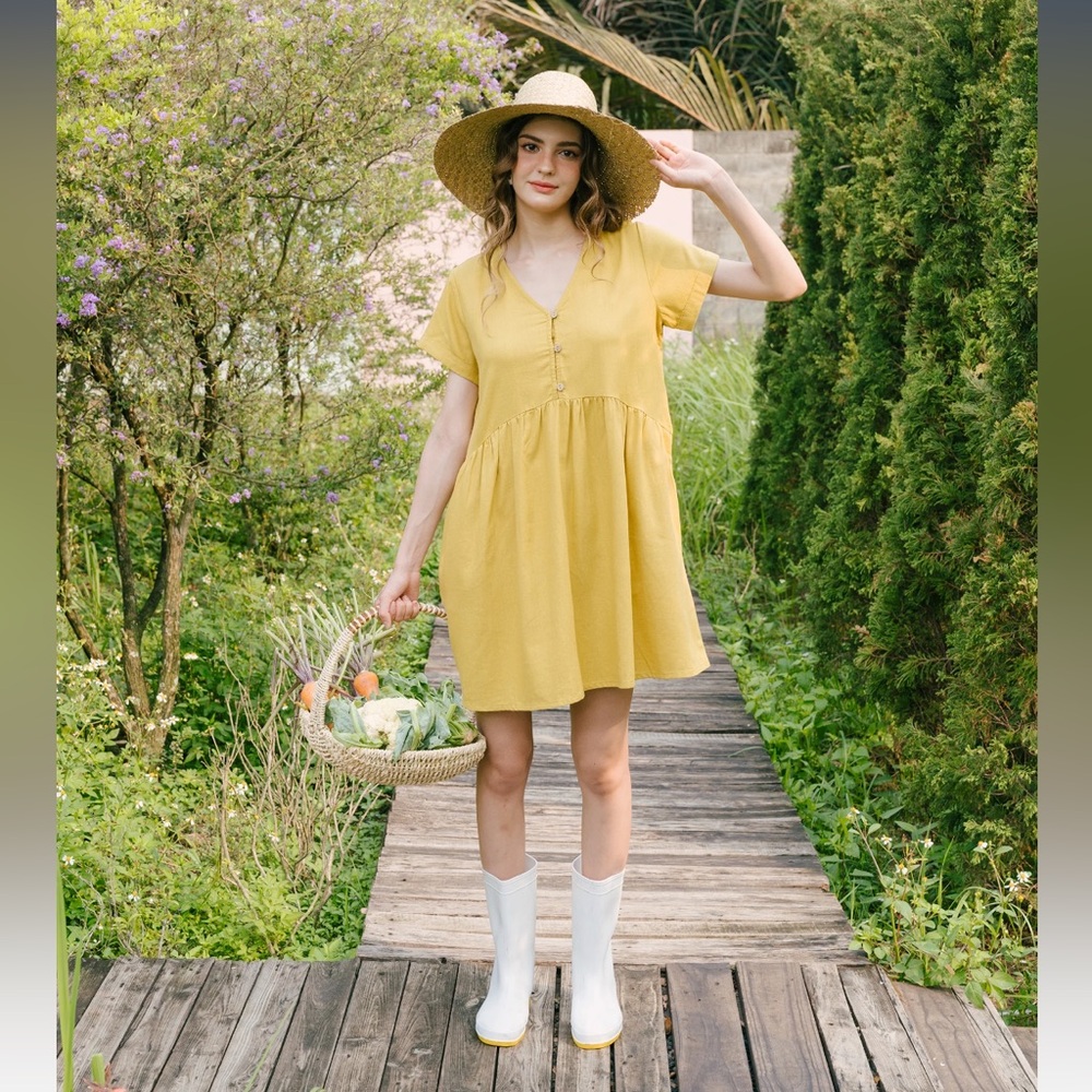 Hannah Canvas V Neck Linen Short Dress | Mustard XL